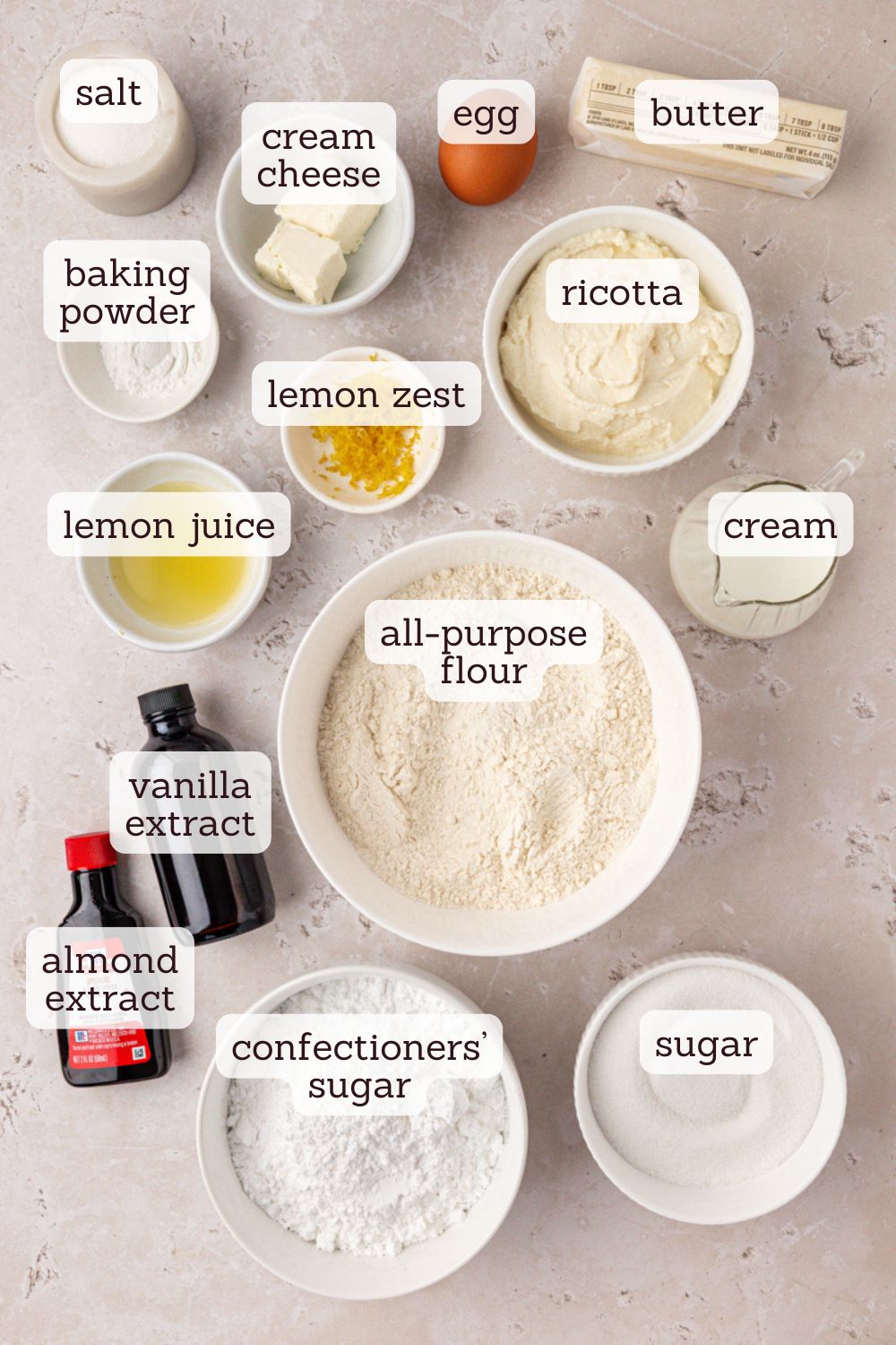 overhead view of ingredients for Italian ricotta cookies