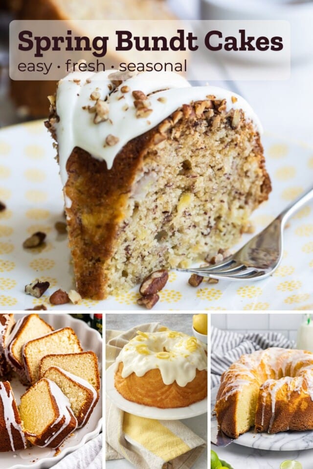 images of four Bundt cakes – hummingbird, 7UP, lemon, and key lime; text overlay "spring Bundt cakes easy fresh sesonal"