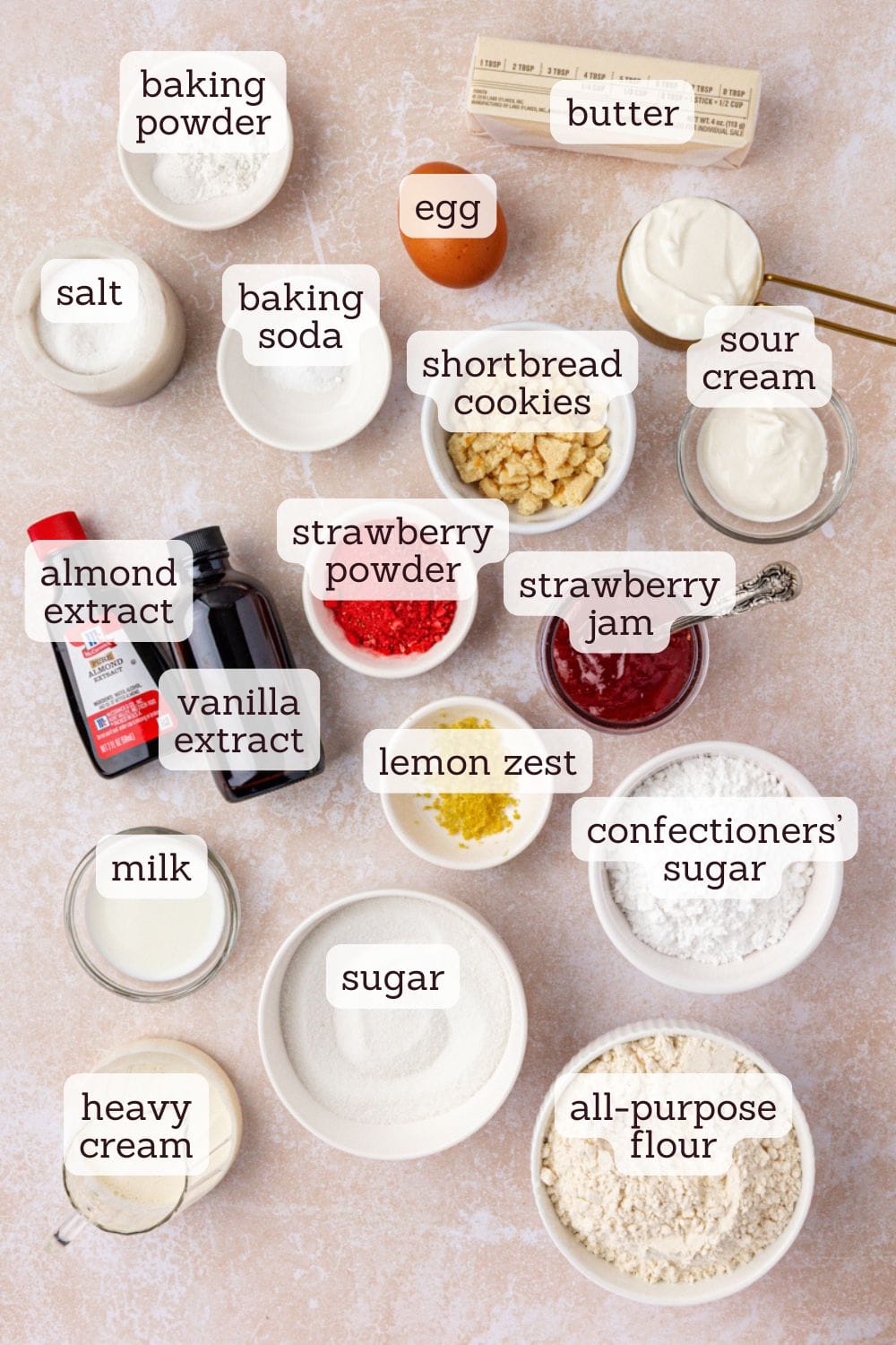 overhead view of ingredients for strawberry shortcake cookies