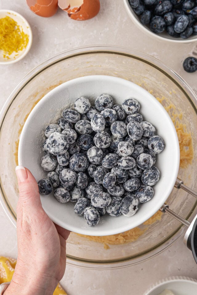 blueberries tossed with flour before being added to cake batter