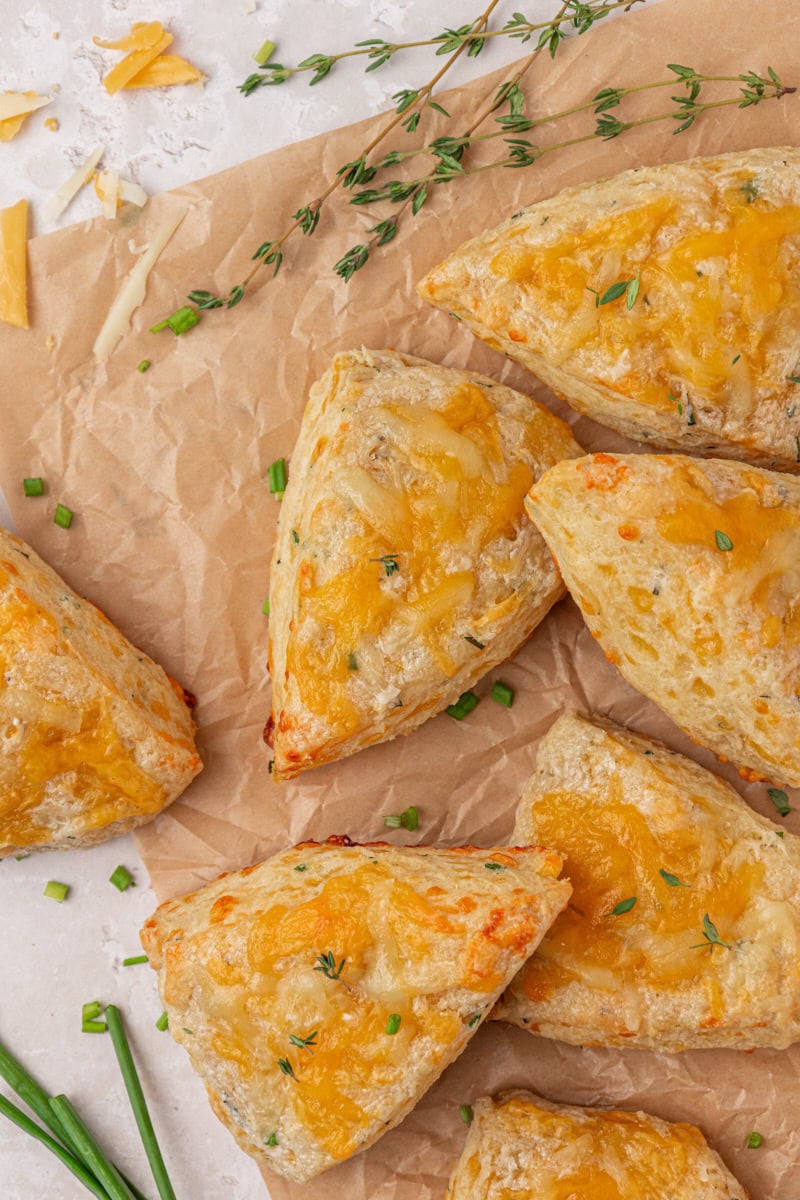 overhead view of several herb and cheese scones on parchment paper