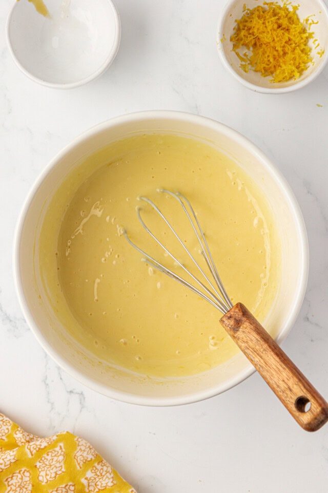 overhead view of lemon icebox bar filling mixture in a bowl