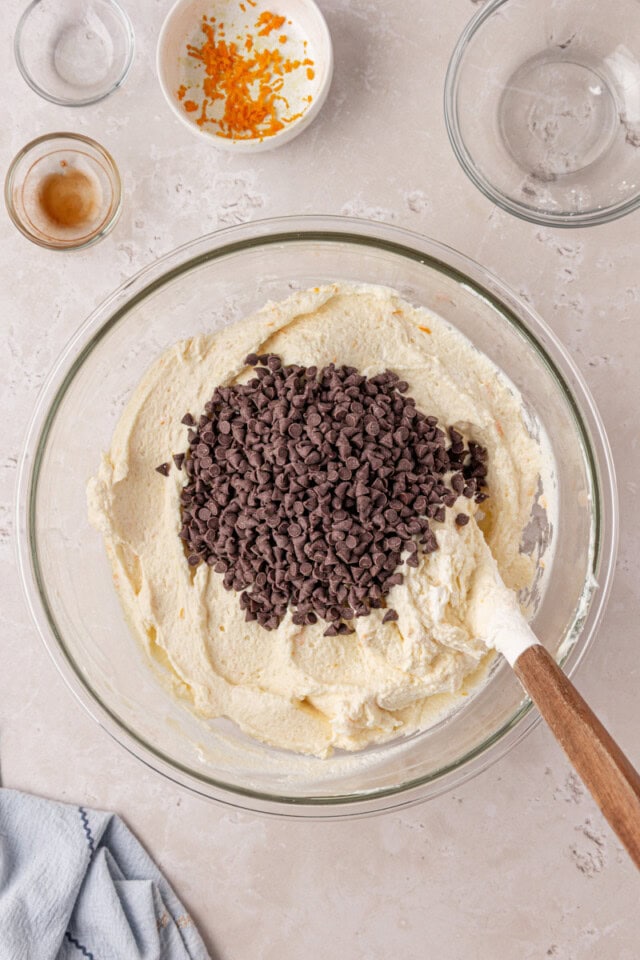 mini chocolate chips added to cannoli cheesecake batter