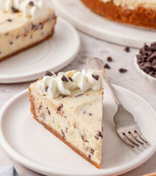 slice of no-bake cannoli cheesecake with visible chocolate chips and orange zest in the filling