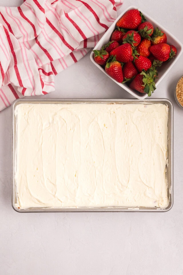 no-bake cheesecake filling spread over thin vanilla cake and strawberries in a 9x13 pan