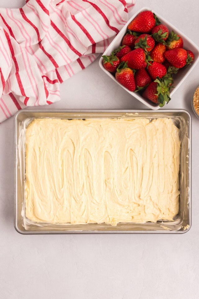 overhead view of vanilla cake batter spread in a 9x13 pan before baking