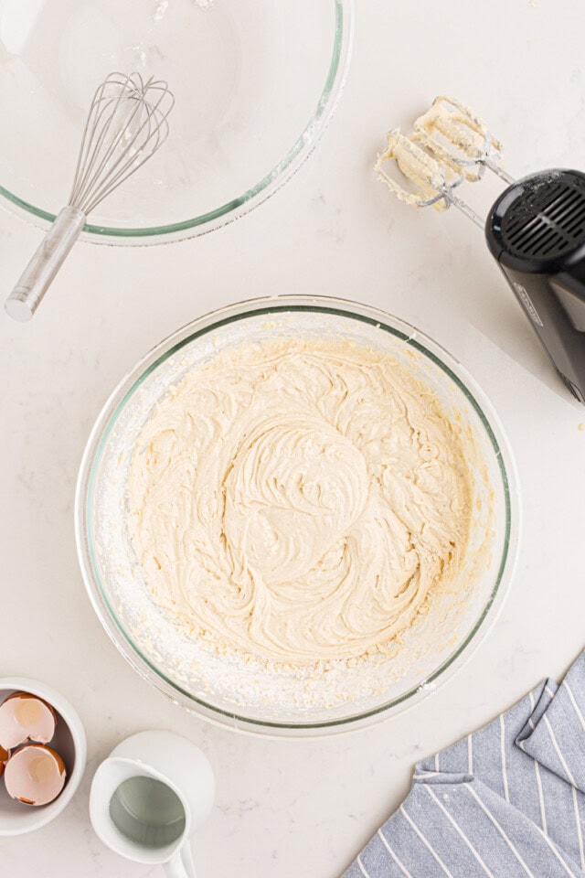 vanilla cake batter in a mixing bowl