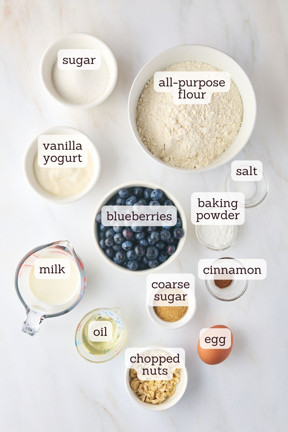 overhead view of ingredients for blueberry coffee cake