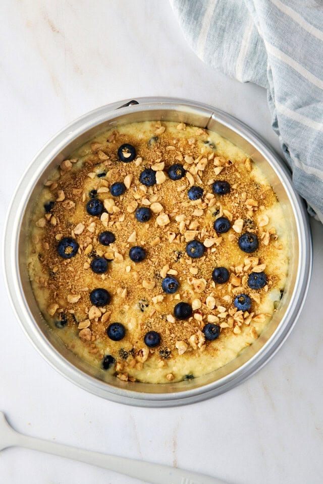 blueberry coffee cake batter topped with more berries and nutty cinnamon topping in a springform pan