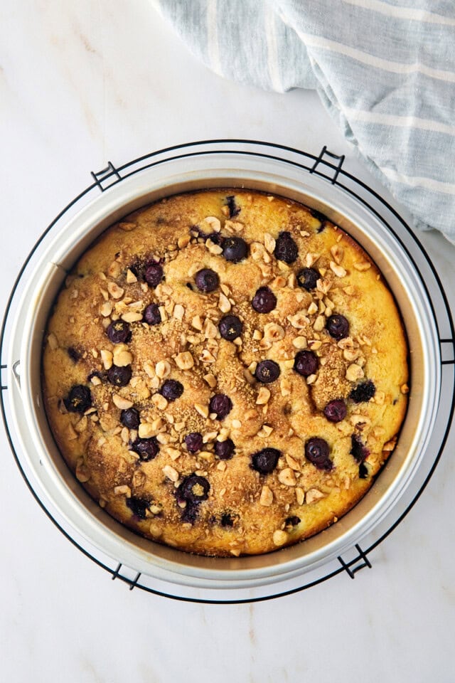 freshly baked blueberry coffee cake on a wire rack