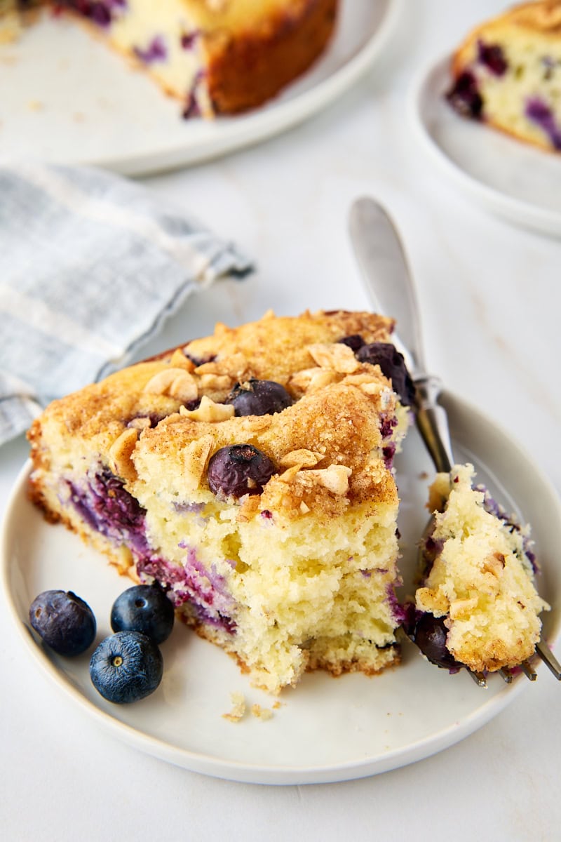 a slice of blueberry coffee cake on a plate with a bite on a fork, showing the soft, fluffy texture