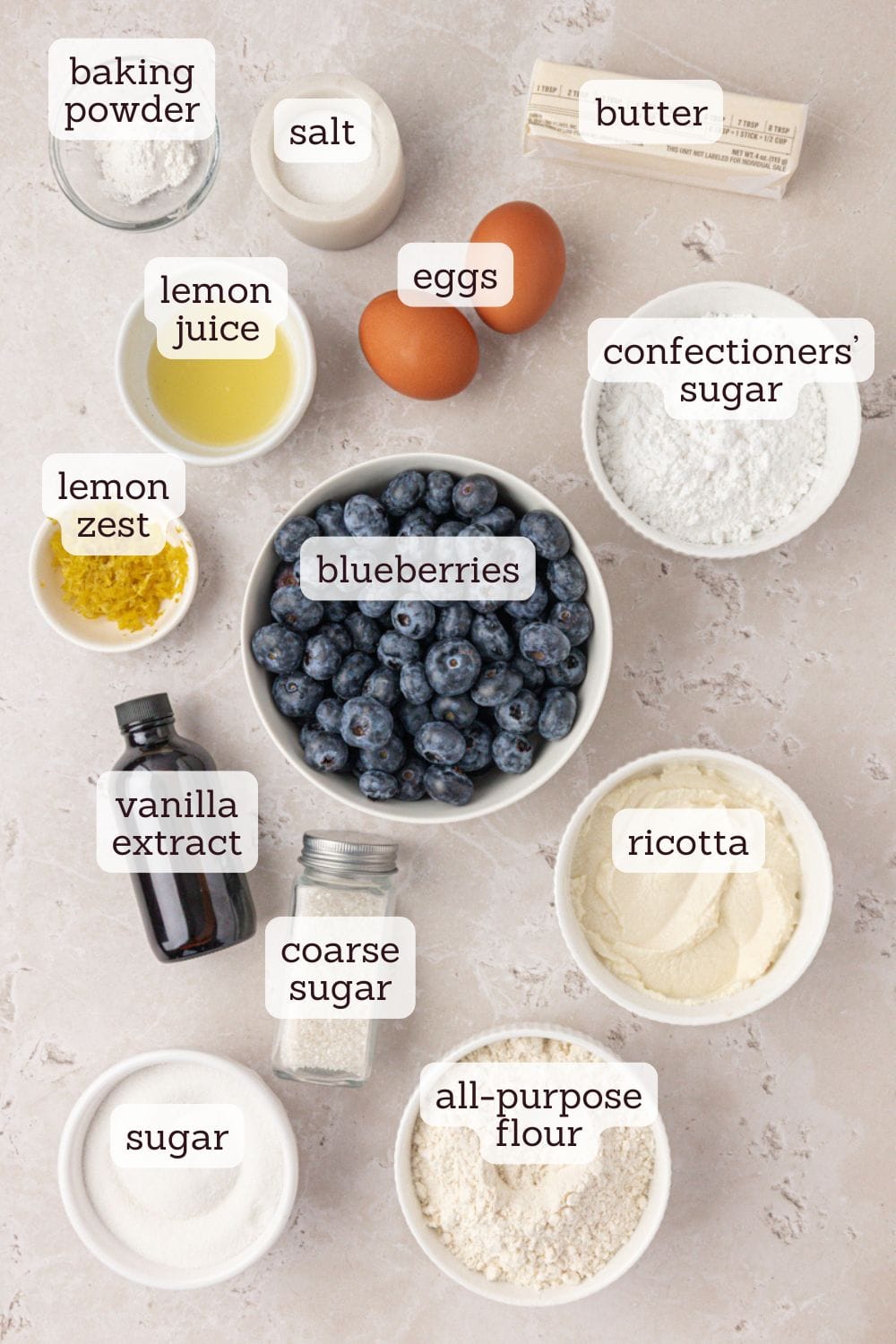 overhead view of ingredients for blueberry ricotta cake