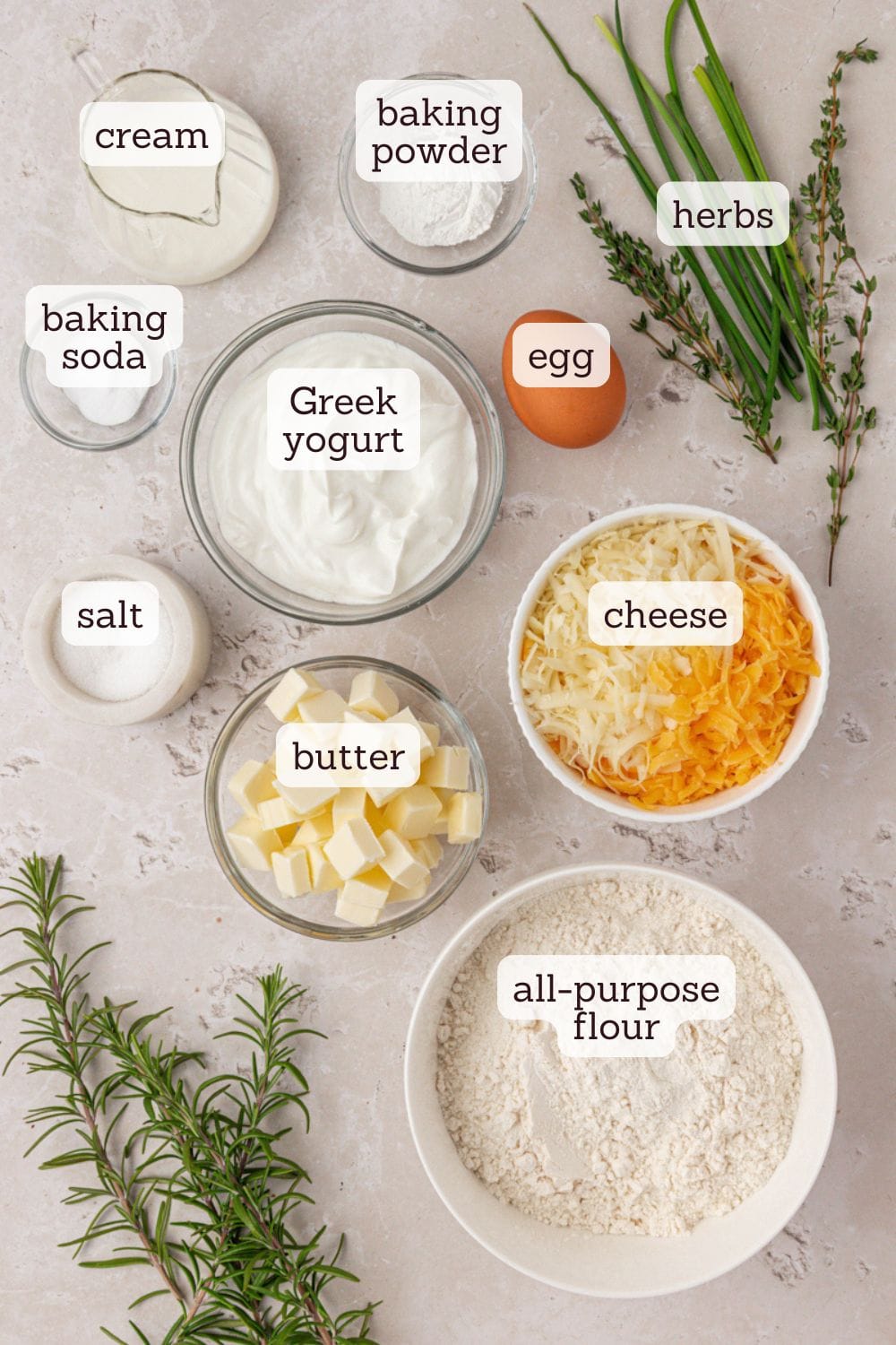 overhead view of ingredients for herb and cheese scones