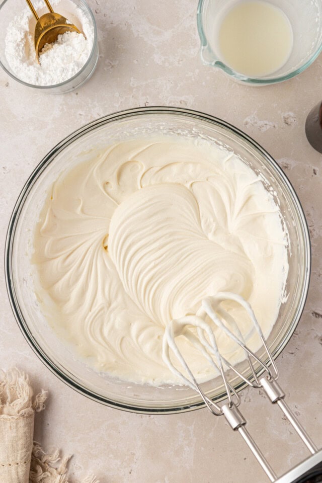 overhead view of freshly mixed mascarpone whipped cream