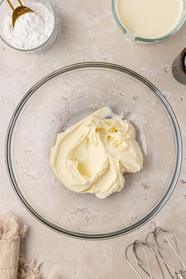 lightly whipped mascarpone cheese in a mixing bowl