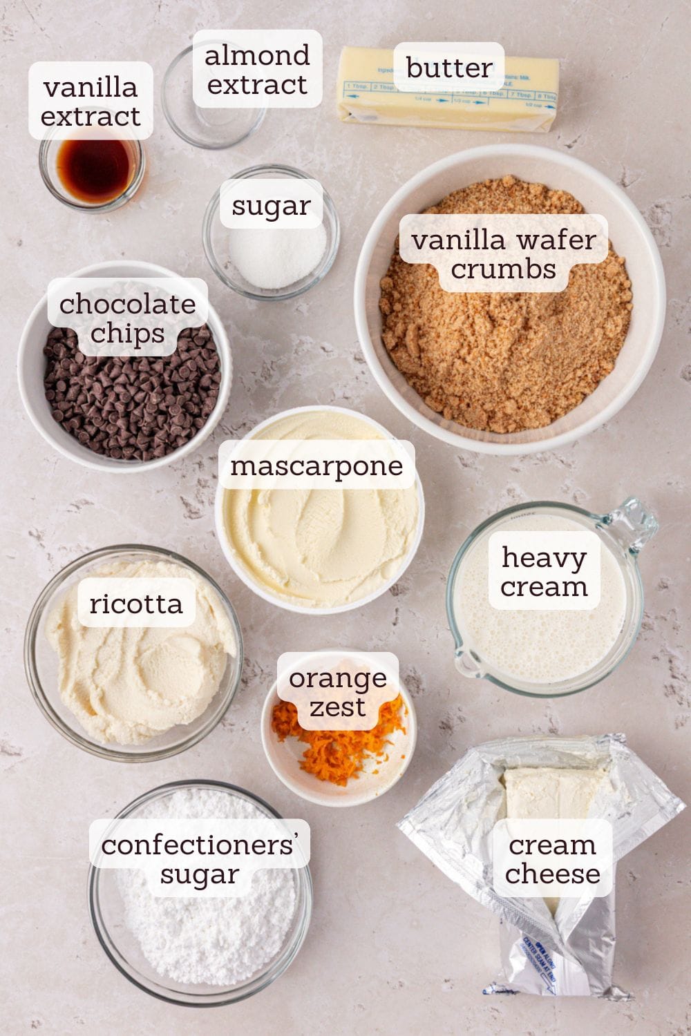 overhead view of ingredients for cannoli cheesecake