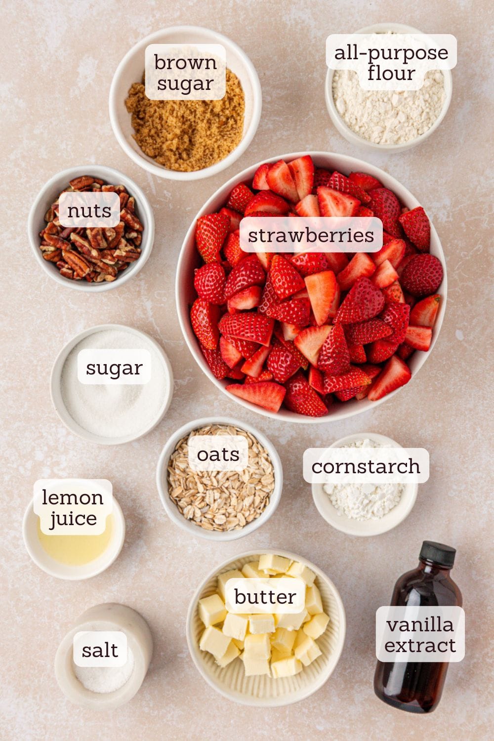 overhead view of ingredients for strawberry crisp