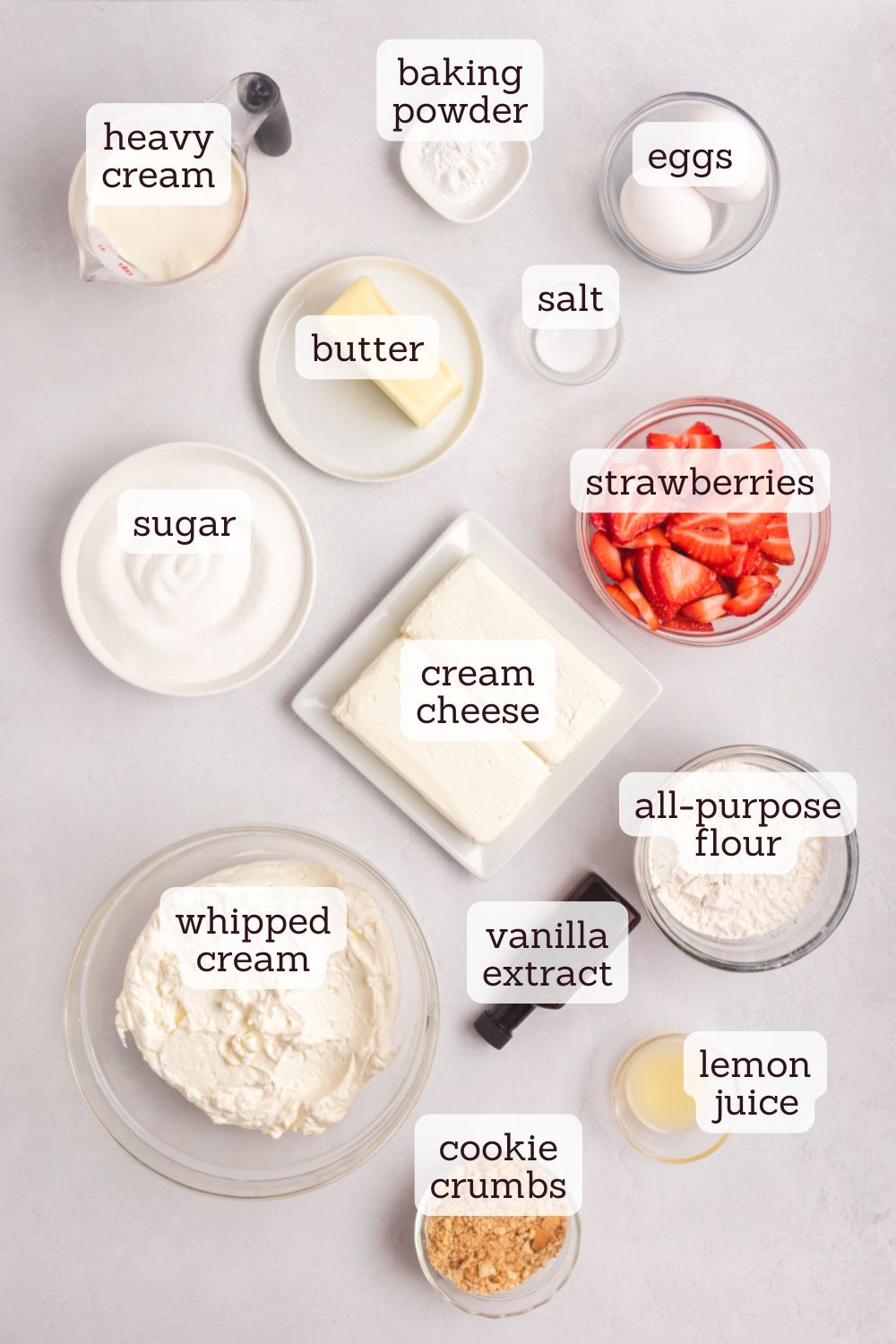 overhead view of ingredients for strawberry shortcake cheesecake bars