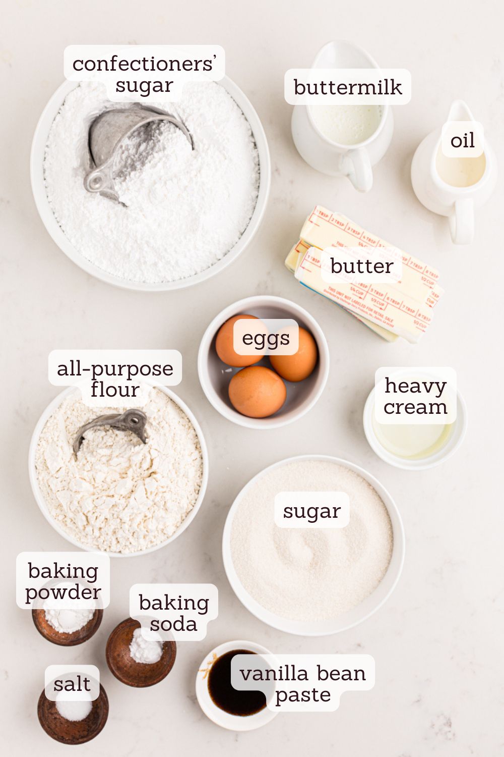 overhead view of ingredients for vanilla cake