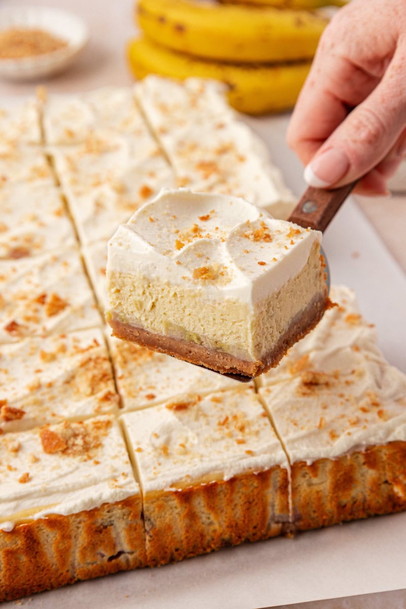 a banana pudding cheesecake bar on a serving spatula with the remaining bars in the background