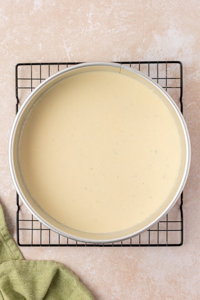 overhead view of Key lime cheesecake in a springform pan before baking