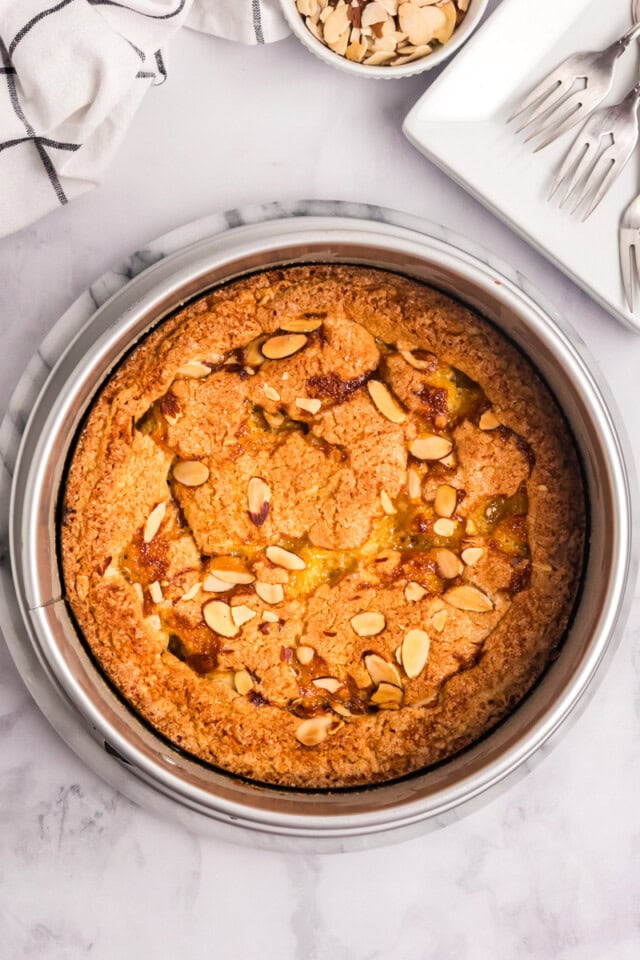 freshly baked lemon almond cake in a cake pan