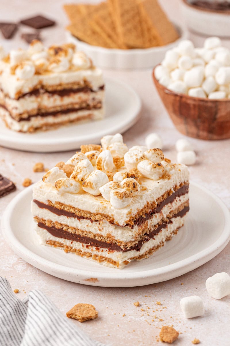 s'mores icebox cake served on white plates