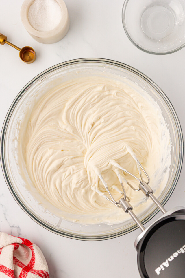 stabilized whipped cream in a mixing bowl