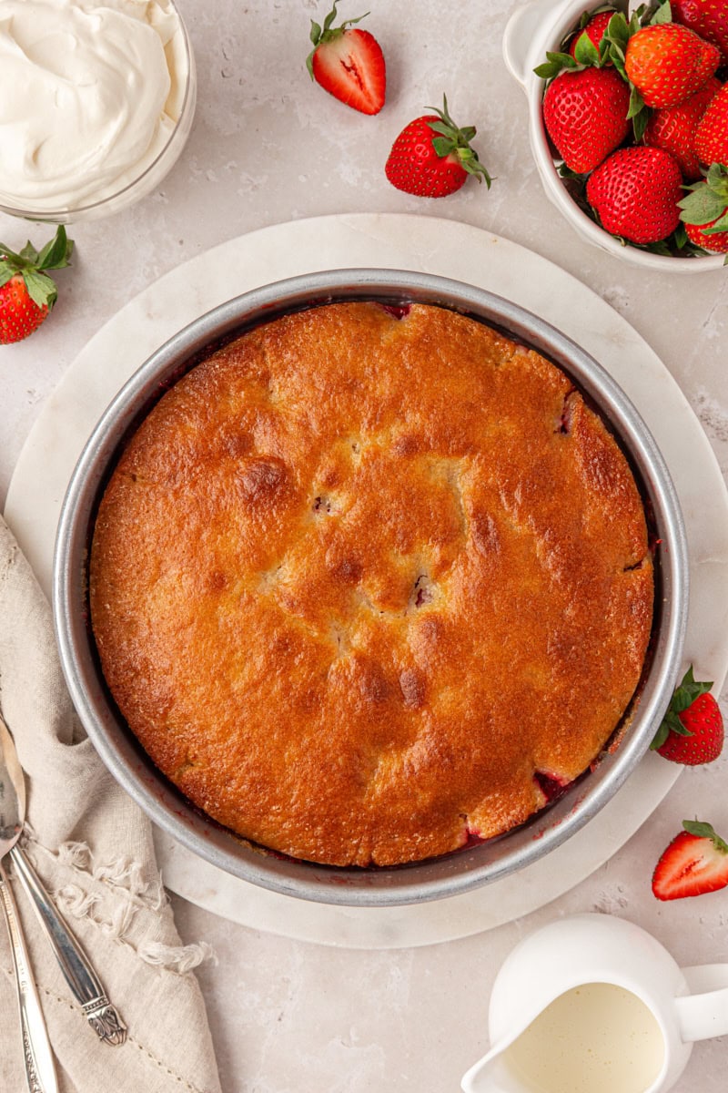 overhead view of freshly baked strawberry spoon cake in a round cake pan