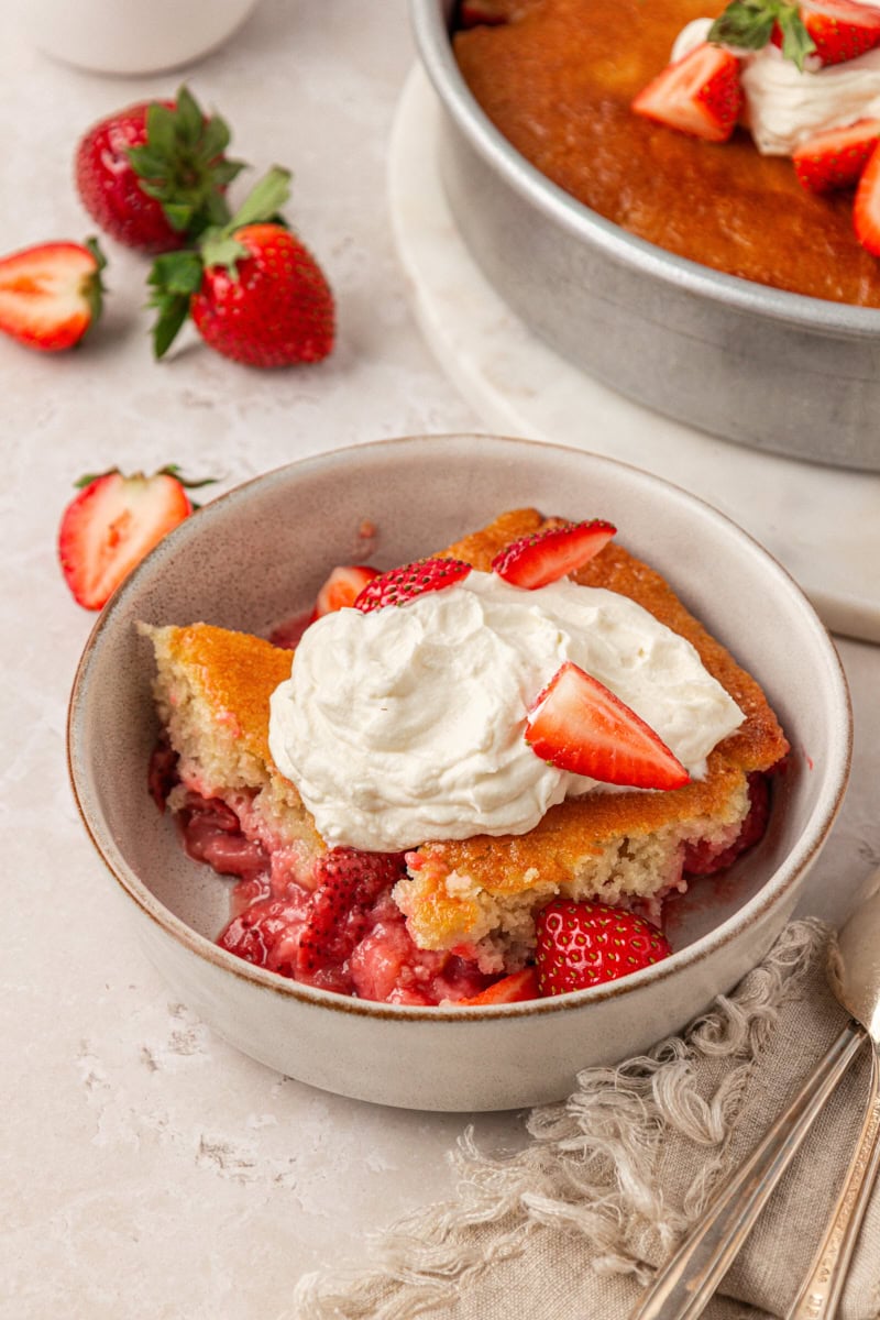a bowl of strawberry spoon cake topped with whipped cream and fresh strawberries