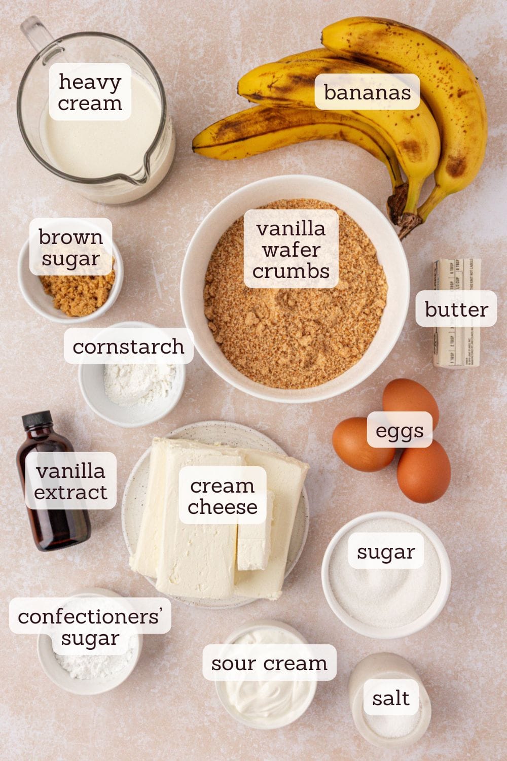 overhead view of ingredients for banana pudding cheesecake bars