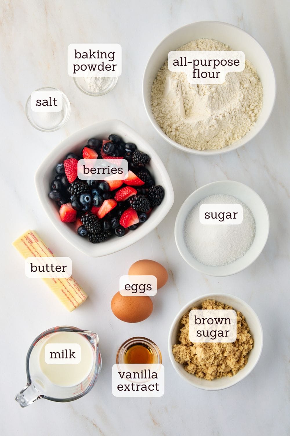 overhead view of ingredients for berry muffin cake