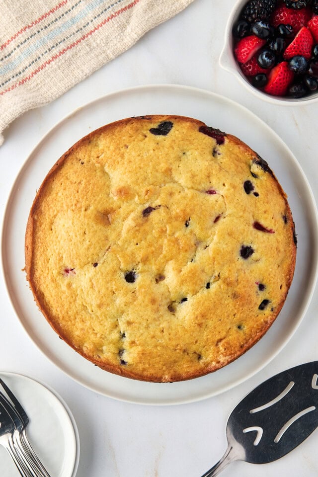 overhead view of freshly baked berry muffin cake