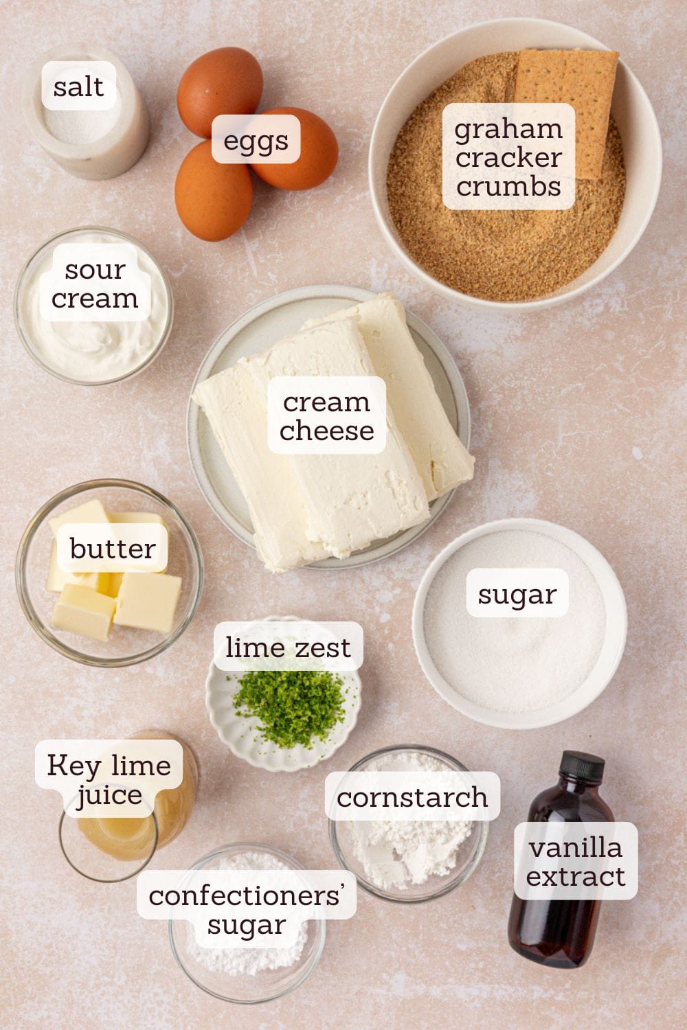 overhead view of ingredients for Key lime cheesecake