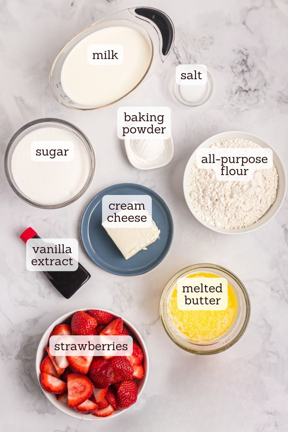 overhead view of ingredients for strawberry cheesecake cobbler