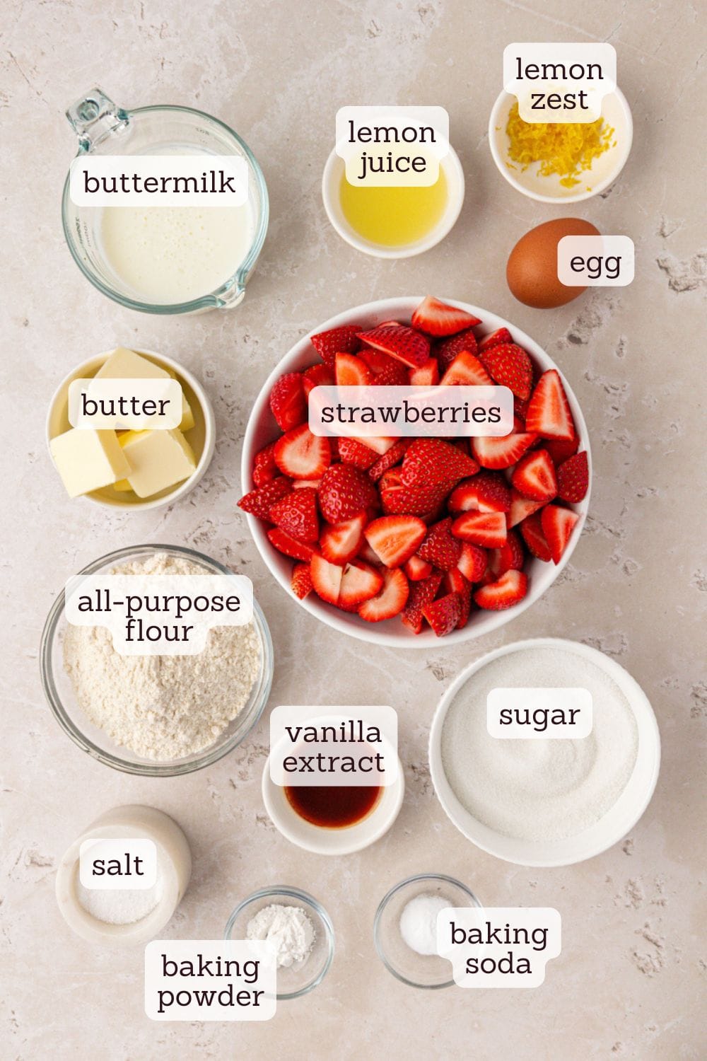 overhead view of ingredients for strawberry spoon cake
