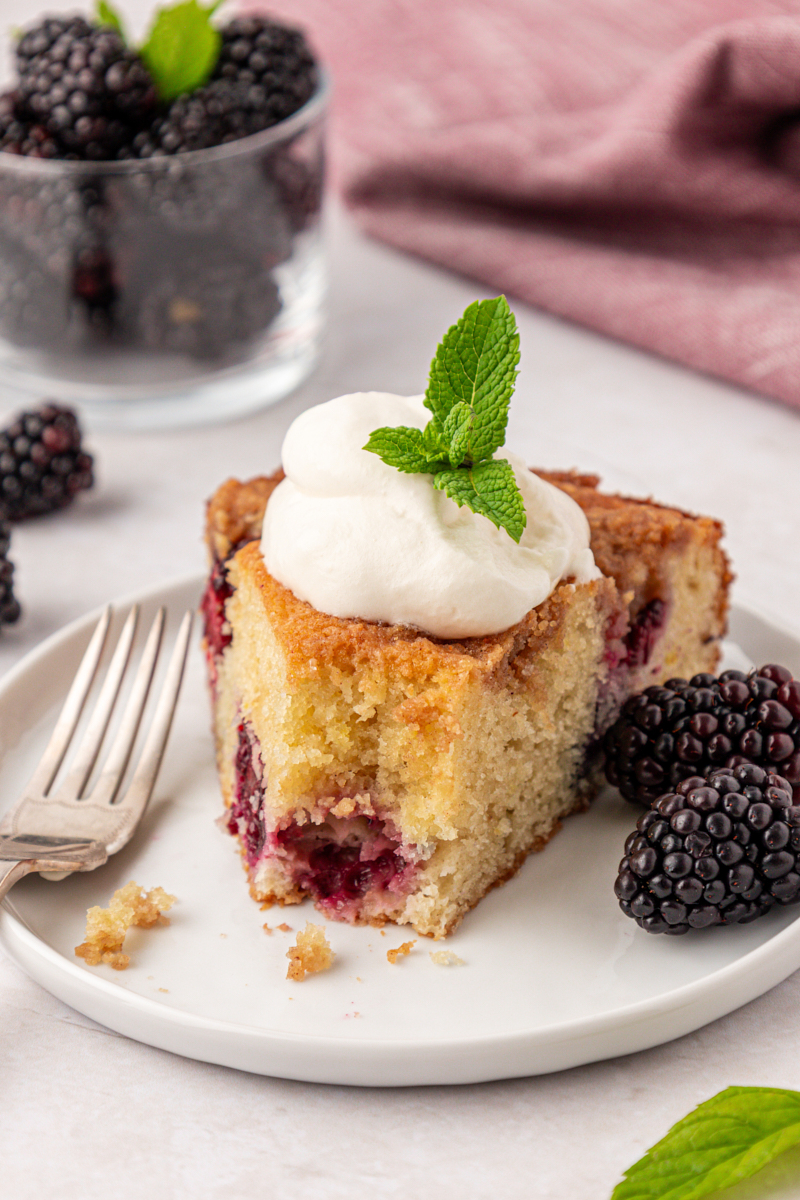 a slice of blackberry buckle topped with whipped cream and mint leaves