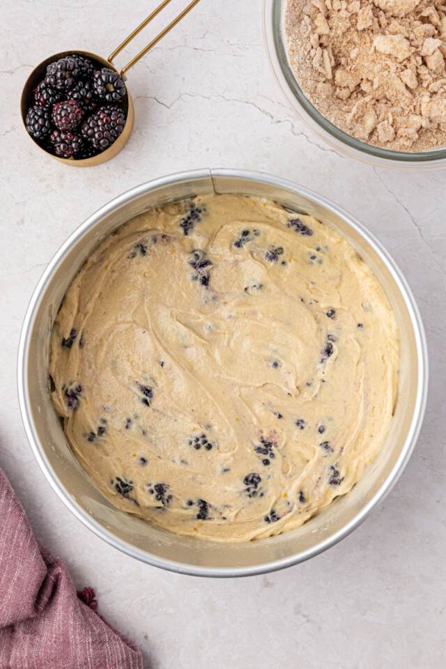 blackberry buckle batter in a springform pan