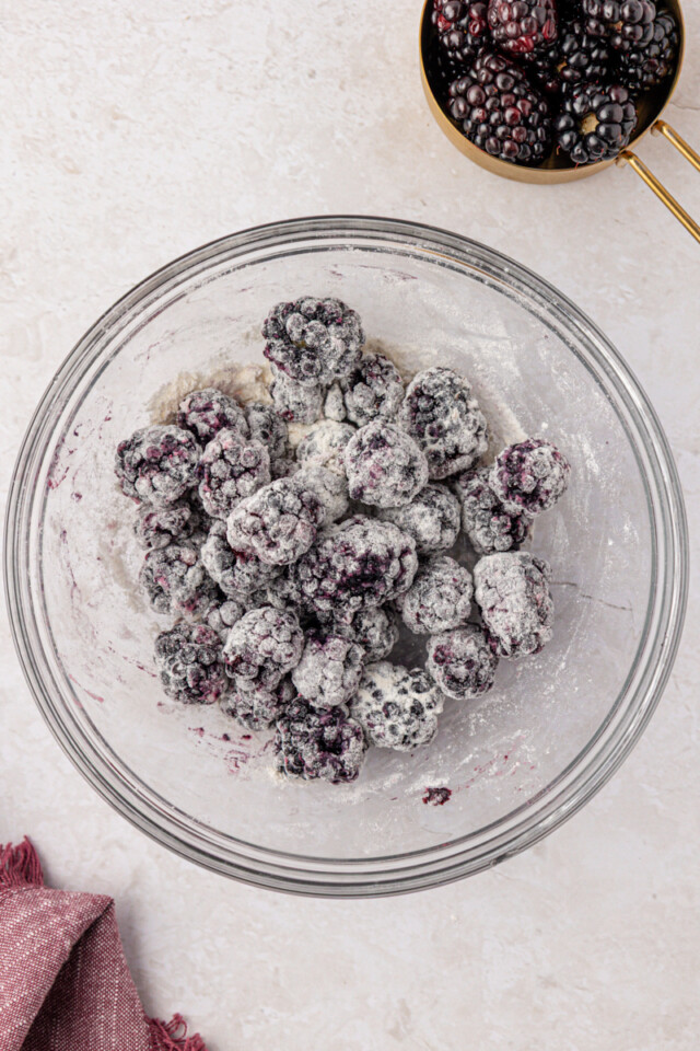 overhead view of blackberries tossed with flour