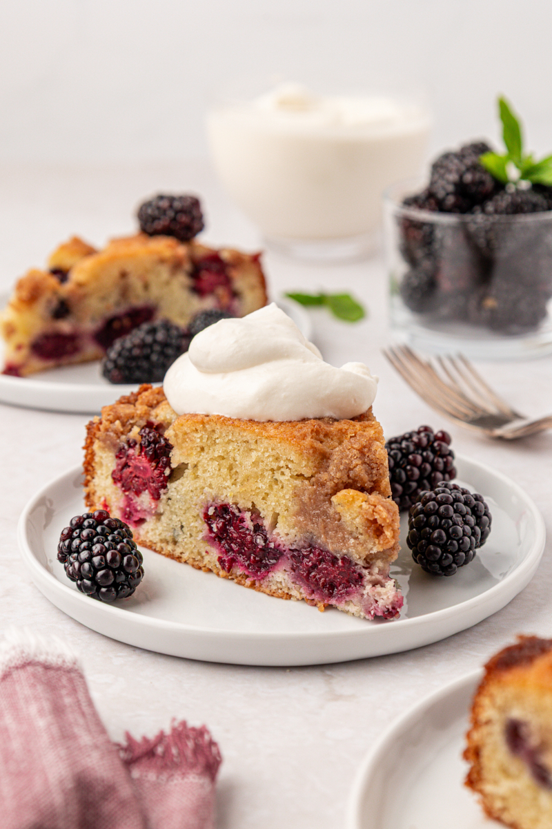 a slice of blackberry buckle filled with fresh berries and topped with a chunk cinnamon crumb