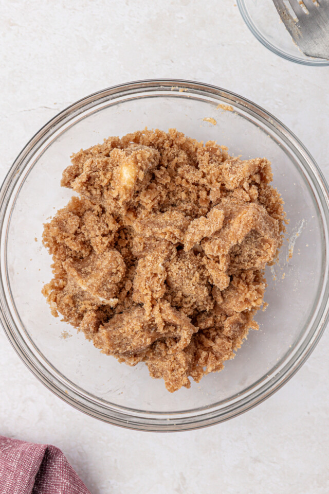 overhead view of crumb topping in a bowl
