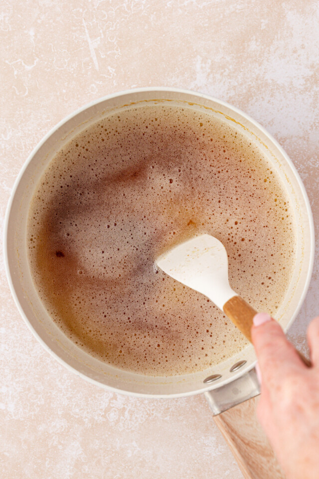 overhead view of brown butter in a saucepan