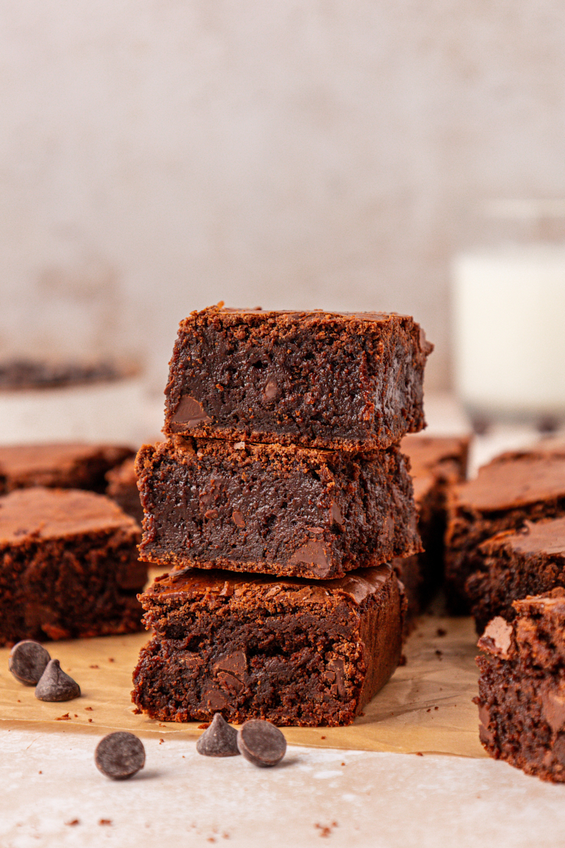 stack of three fudgy brown butter brownies