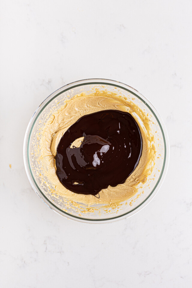 melted chocolate added to creamed mixture for cake batter