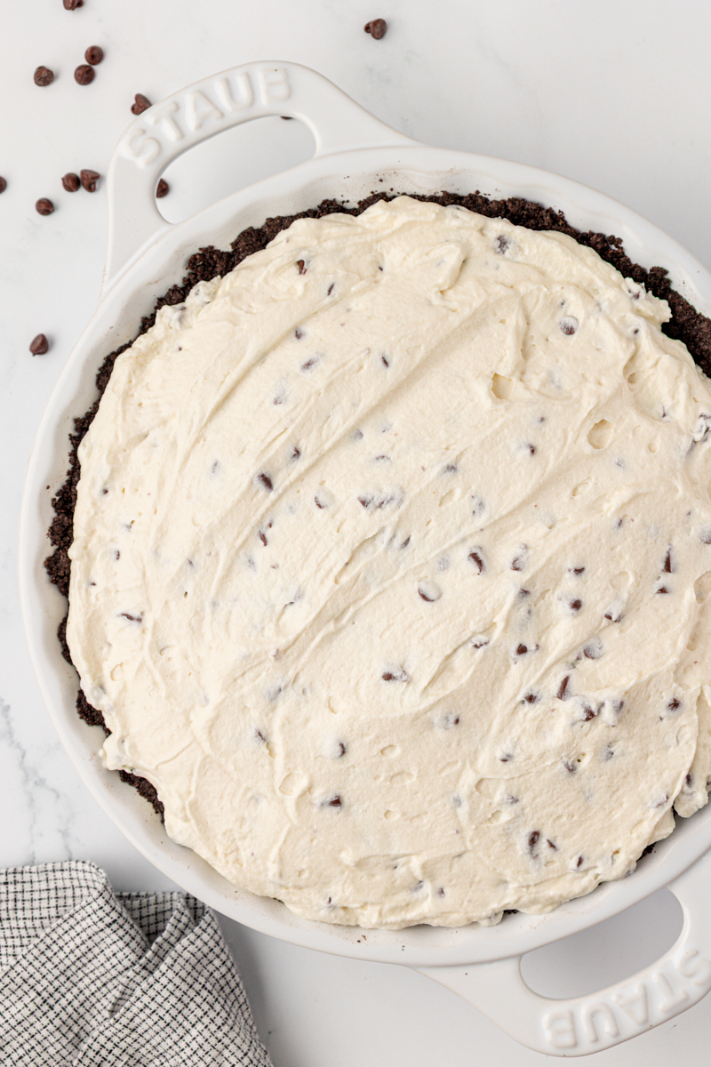 overhead view of chocolate chip icebox pie with Oreo cookie crust