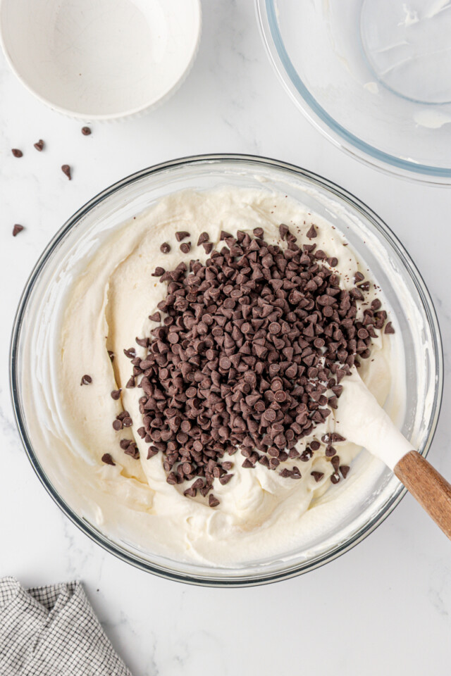 mini chocolate chips added to icebox pie filling