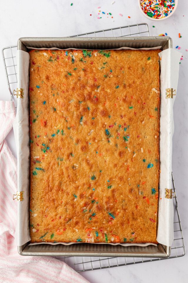 freshly baked funfetti sheet cake in a 9x13 pan