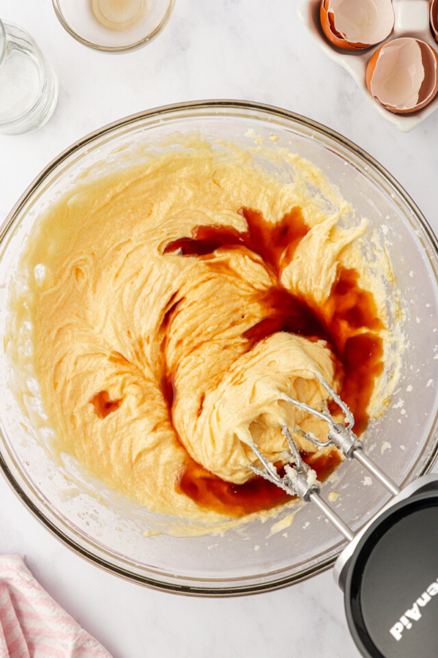 vanilla extract added to creamed butter, sugar, and eggs