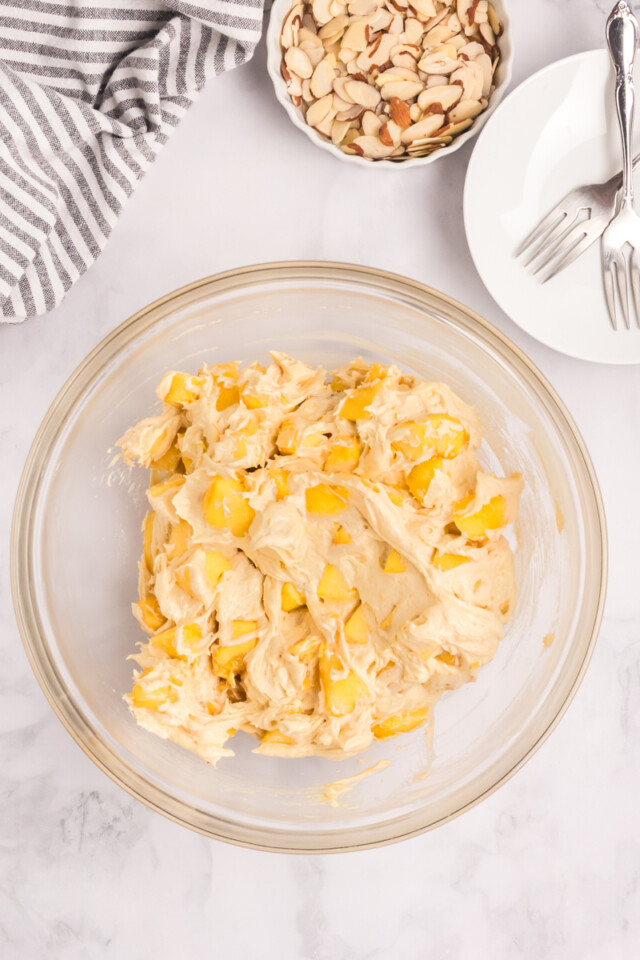 peach buckle batter in a mixing bowl