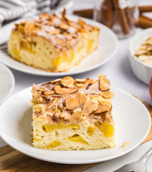 servings of peach buckle made with fresh peaches and topped with cinnamon-almond topping